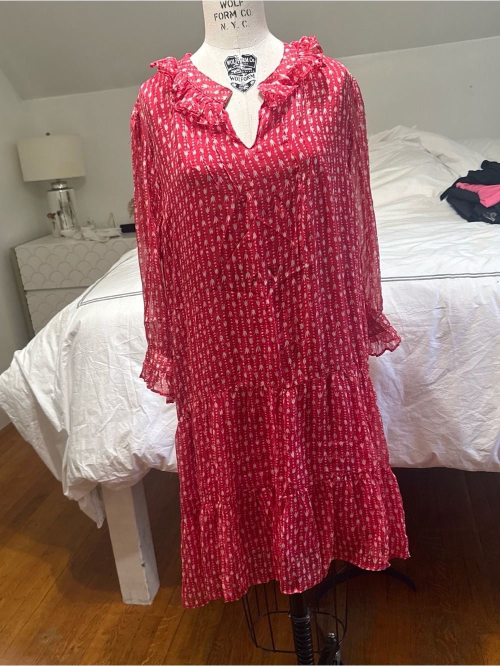 Red Printed Long-Sleeve Ruffle Dress - Picture 5 of 9